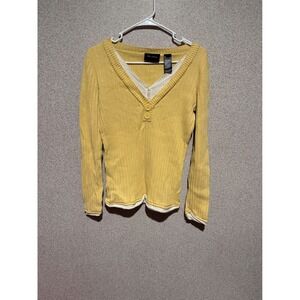 Axcess Womens Mustard Yellow Ribbed‎ Faux Layered Henley V-Neck Sweater Size M